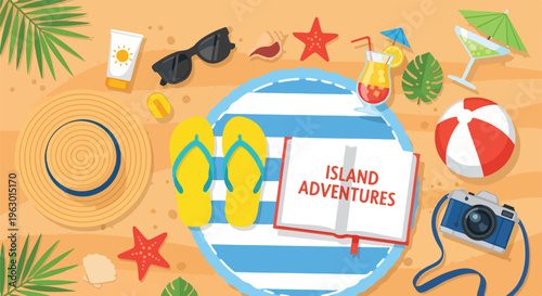 Beach-themed illustration with sun, sunglasses, book, flip-flops and various objects