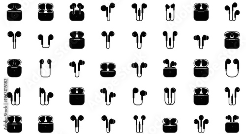 Collection of black wireless earbuds and charging cases icons on white background for tech and audio concepts
