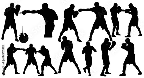 Silhouettes of boxers in various fighting.