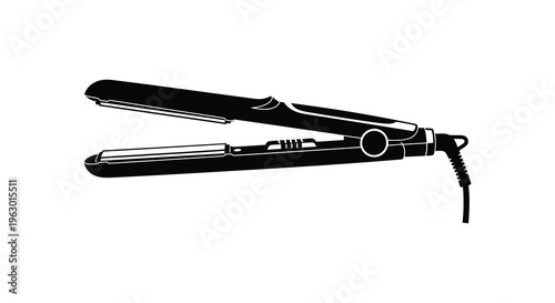 A black hair straightening iron depicted in a stark silhouette