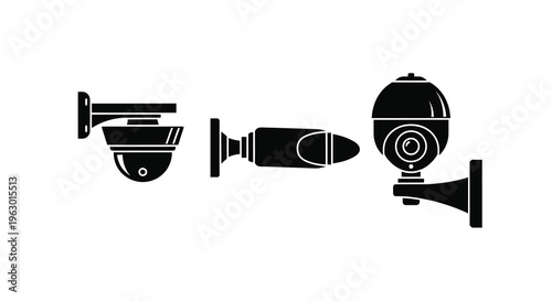 Four different security cameras displayed in a stark black silhouette