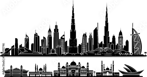 Dubai City Skyline Silhouette Collection - Famous UAE Architectural Landmarks Vector Set