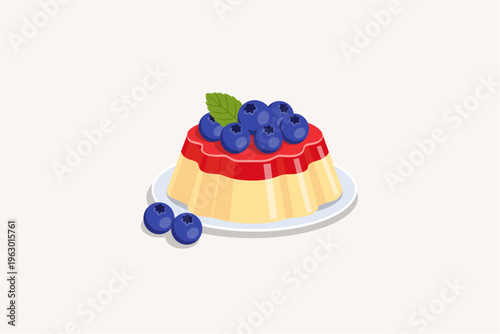 Creamy custard pudding topped with fresh blueberries and mint leaf.