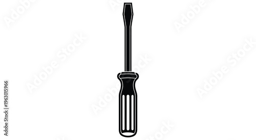 Simple black silhouette of a flathead screwdriver against a white background