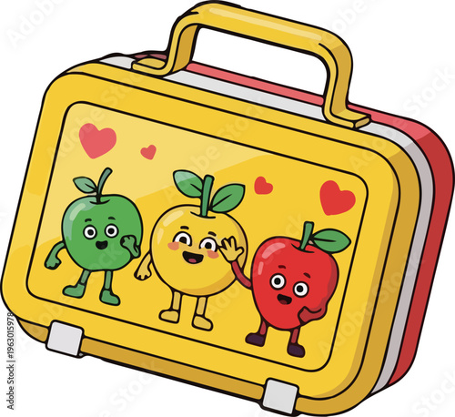 Cute cartoon lunch box with happy fruit characters apple lemon and green apple vector illustration