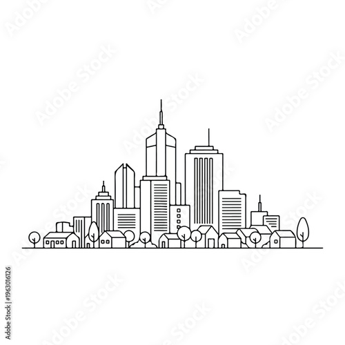 Black and white line art of a city skyline with residential and commercial buildings