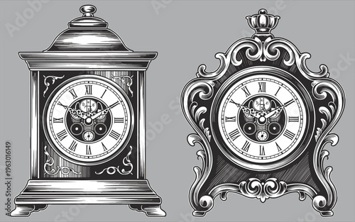 Two detailed vintage style mantel clocks illustrated in a classic engraved artistic design