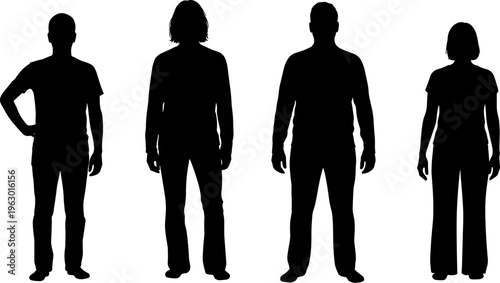 People silhouettes set, standing men and women, full body profiles, black silhouette figures, diverse human shapes, isolated characters, minimal design illustration