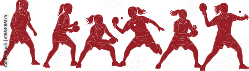 Table tennis player silhouettes, female ping pong action, sports movement sequence, athlete training concept, dynamic poses, red illustration, isolated design, active lifestyle