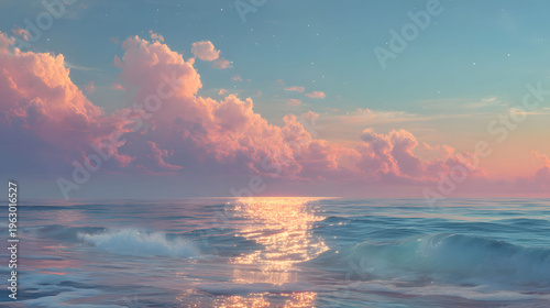 Serene Ocean Sunset with Vibrant Pink Clouds and Sparkling Waves for Inspirational Designs
