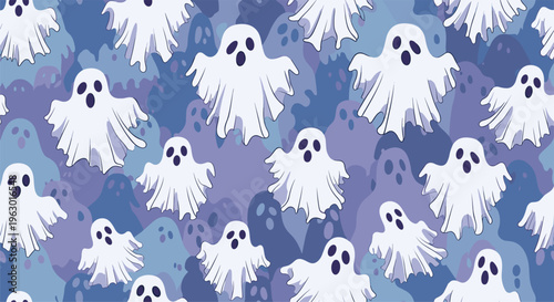 Whimsical seamless pattern featuring an array of cute, cartoonish ghosts with open mouths in shades of white and blue against a spooky blue-purple backdrop.