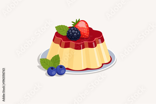 Creamy custard pudding topped with fresh blueberries and mint leaf.