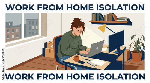 Tired Woman Working from Home Dealing with Isolation and Burnout Illustration representing remote work mental health challenges