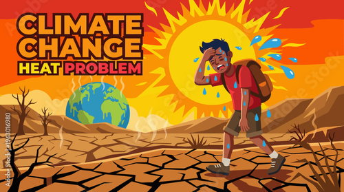 Climate change and global warming illustration showing a sweating person in a desert drought with a melting earth and intense heat.