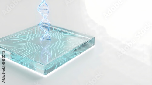 Glowing Blue DNA Double Helix on Glass Circuit Board with Microchip Technology and Electronic Design Elements