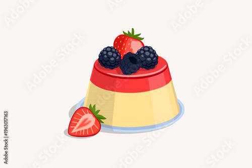 Creamy custard pudding topped with fresh blueberries and mint leaf.