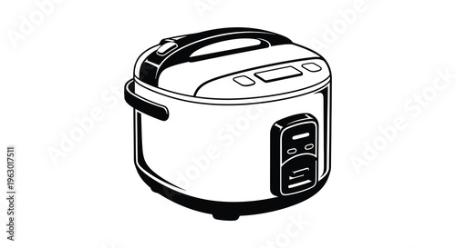 A black and white illustration of a modern electric rice cooker silhouette