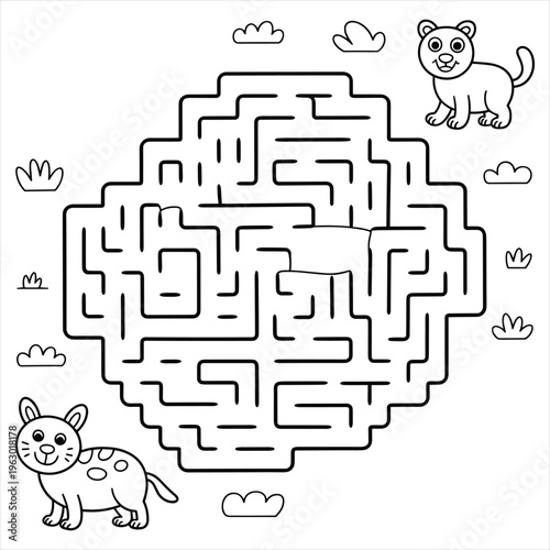 Black and white maze game for children with two cute kittens and clouds