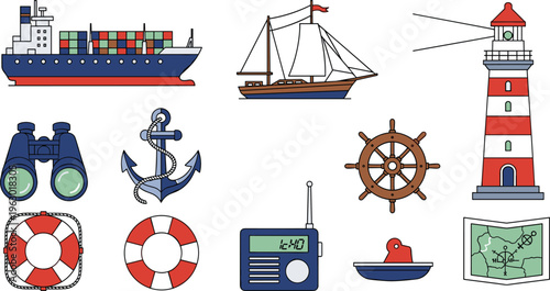 Set of 12 Maritime and Nautical Icons Including Ship, Lighthouse, Anchor, Binoculars, Map, and More for Ocean, Navigation, and Adventure Designs