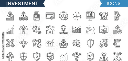 Investment finance outline icon set including stock growth profit savings real estate strategy portfolio security and business analytics symbols
