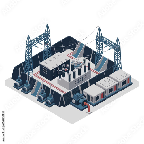 Isometric illustration of a modern electrical substation with power lines, transformers, and control buildings, representing energy infrastructure and distribution.