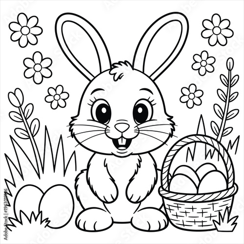Cute cartoon bunny rabbit sitting with easter eggs in a basket coloring page