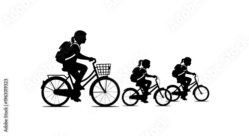 A black vector illustration shows the silhouette of a woman cyclist riding a mountain bike during a recreational sport activity