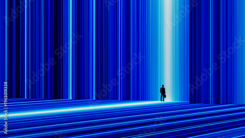 Businessman steps into a new dimension through a glowing portal