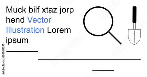 Search tools, problem-solving, gardening, investigation, research, discovery. Graphic shows a magnifying glass, trowel and placeholder text. Search tools and problem-solving visual