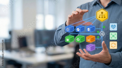 IT Engineer Managing Container Orchestration and Kubernetes, Future Cloud Infrastructure with Microservices Visualization, Automated DevOps Workflow and Software Deployment Concept