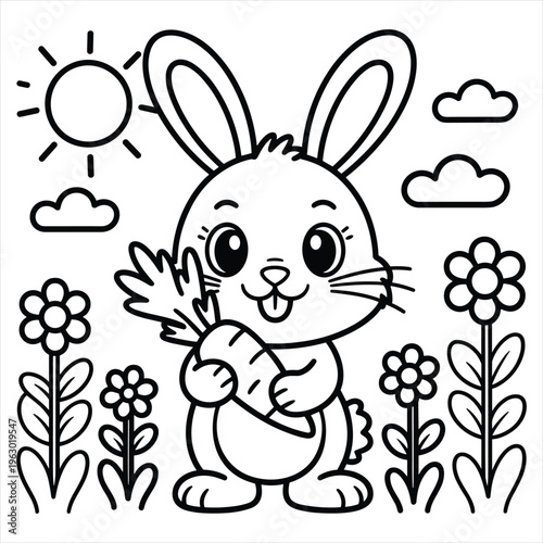 Cute bunny holding a carrot in a flower garden coloring page