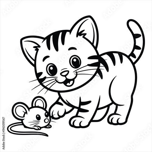 Black and white line of a cute kitten playing with a small mouse