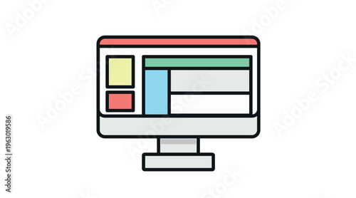 Desktop computer with website interface on screen, minimal flat vector icon in pastel colors.