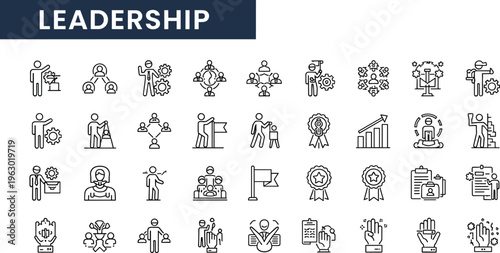 Leadership outline icon set including teamwork motivation strategy management achievement target vision organization growth coaching and business success symbols