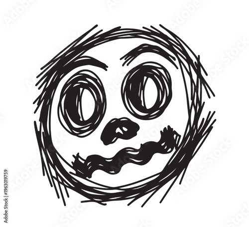A spooky, hand-drawn black and white doodle of a Jack-o'-lantern face with large, expressive eyes and a wavy, jagged mouth, perfect for Halloween or scary themes