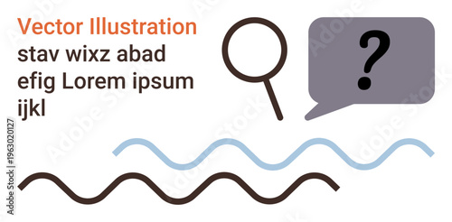 Education, research, analytics, information discovery, communication, curiosity. A magnifying glass, question mark in speech bubble and wavy lines with sample text. Education and research concepts