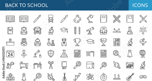 Back to school outline icon set including education supplies classroom tools backpack microscope calculator calendar music and science symbols