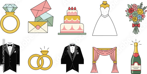 Set of 12 Wedding Celebration Icons Including Engagement Ring, Cake, Bouquet, Tuxedo, Champagne, and More for Wedding Planning and Event Design