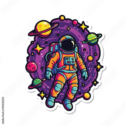 Cartoon astronaut floats among colorful planets in outer space