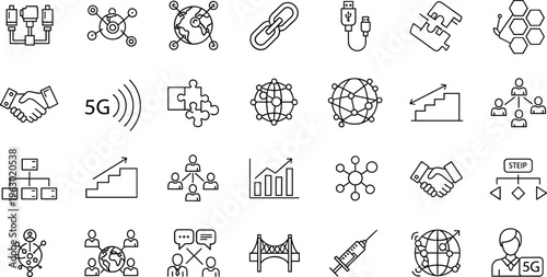 Technology and network connectivity outline icon set including 5G communication data sharing collaboration workflow global connection and integration symbols