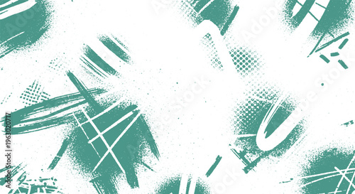Abstract distressed background with teal paint brush strokes and white negative space for graphic design with brush stroke