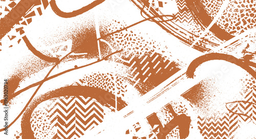 Energetic abstract pattern with brown spray paint splatters, zigzags, and wavy lines on white background, wavy line