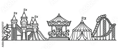 Amusement park rides and attractions on white background vector outline.