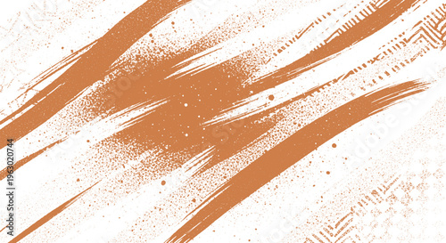 Dynamic brown brush strokes and splatter overlay on a white textured background for grunge graphic design with brush stroke