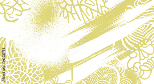 Abstract yellow brush strokes and intricate patterns on white background, creative graphic design element, brush stroke