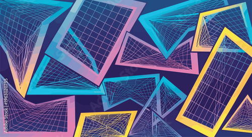 Retro-futuristic background featuring overlapping wireframe geometric shapes with grid patterns in neon gradients of blue, pink, and yellow.