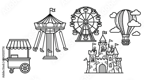 Amusement park outline set with ferris wheel and carnival swing ride.