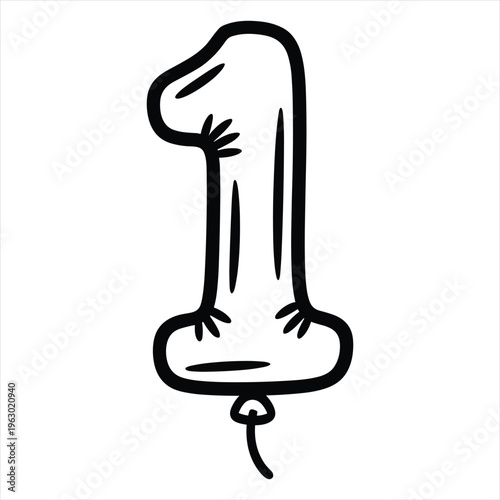 Hand drawn black and white balloon in the shape of the number one