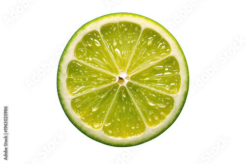 Juicy green lime slice with water droplets on transparent background showing refreshing citrus fruit