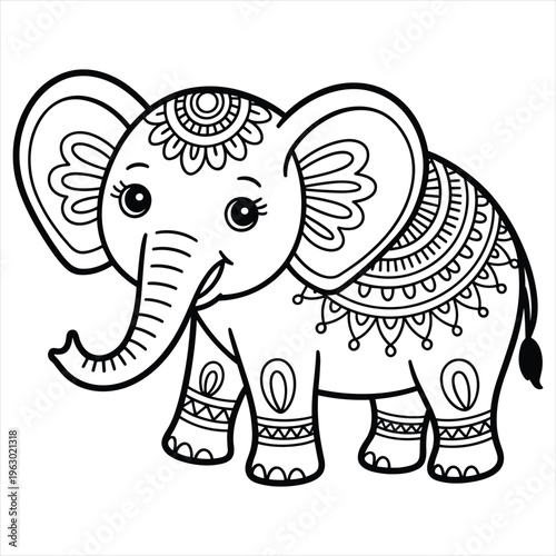Black and white line of a cute baby elephant with decorative tribal patterns